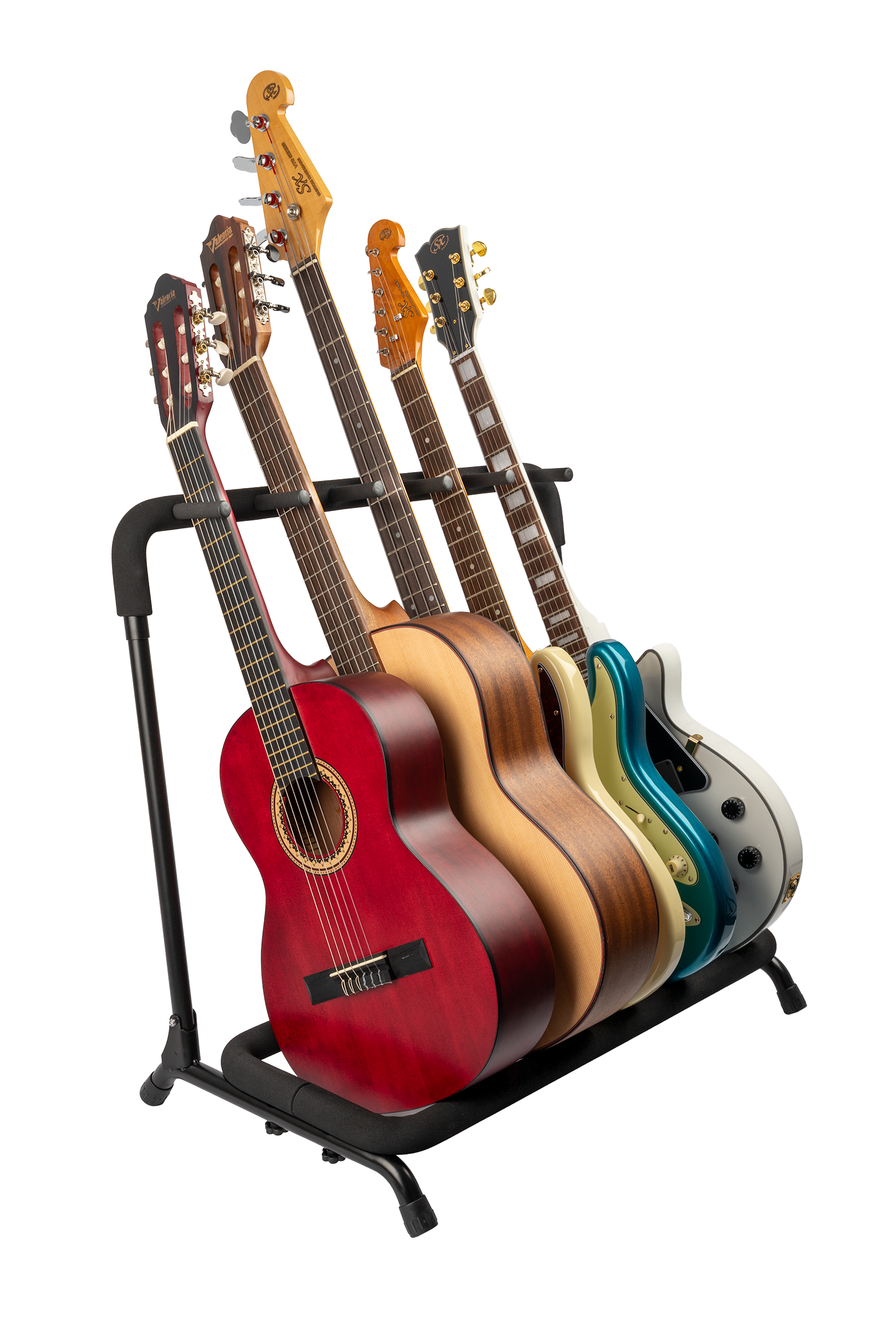 XTR Xtr Multi 5 Guitar Stand holding five electric guitars in a display setup, showcasing sturdy guitar accessory support.