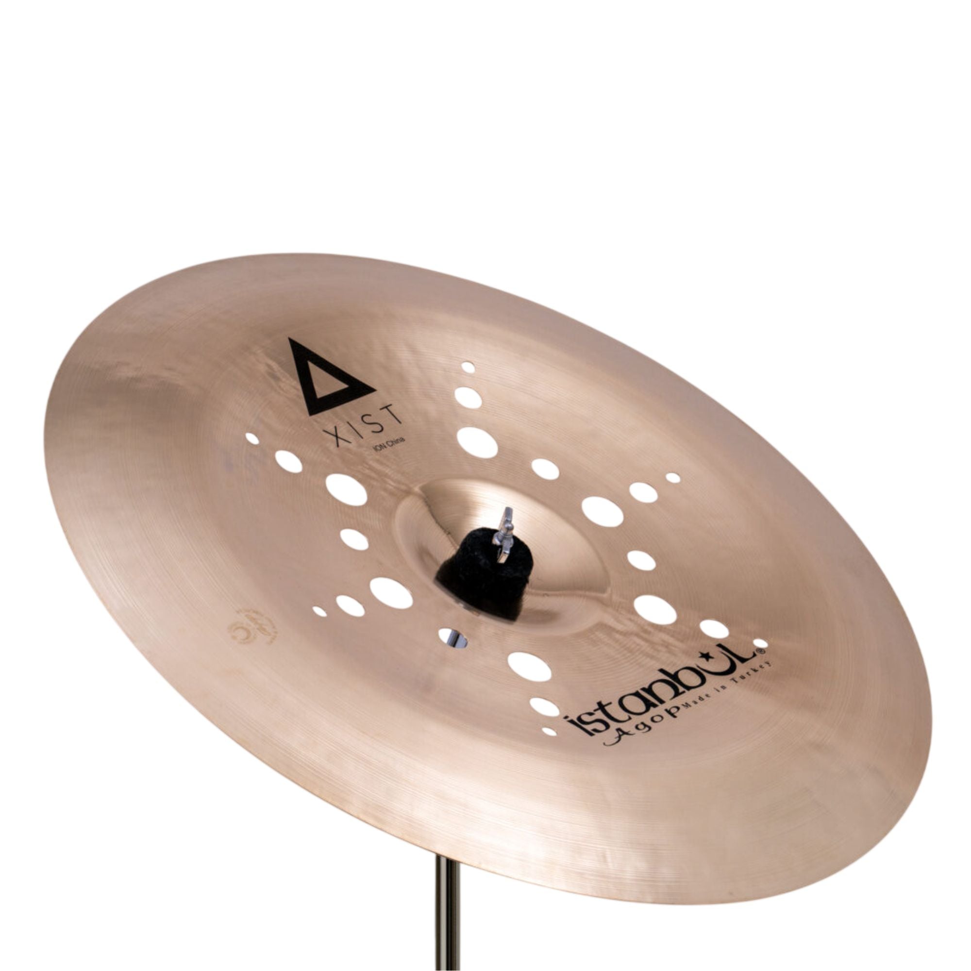 Istanbul Agop Xist Ion China cymbal, single cymbal with a shiny finish, featuring a distinctive curved edge and detailed branding.