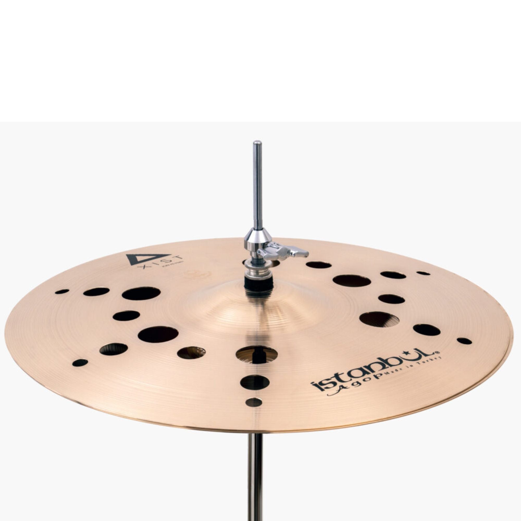 Close-up of Istanbul 16-inch Istanbul Agop Xist Ion Hi-Hats single cymbals with a shiny finish and detailed branding.