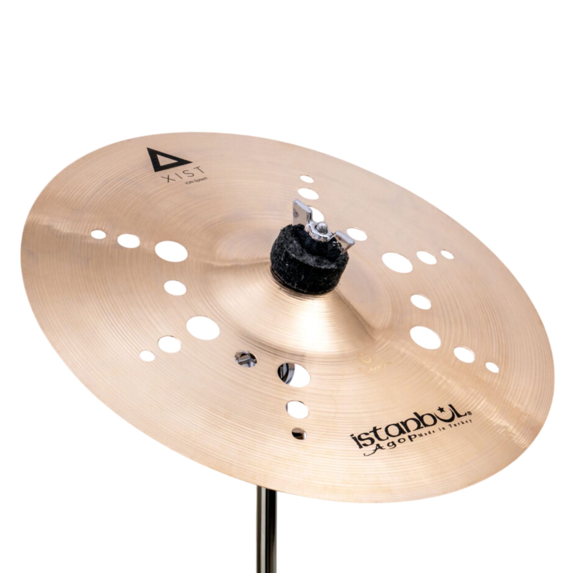 Istanbul Agop Xist Ion Splash cymbal, single cymbal from the Istanbul 12 series, with a shiny, metallic finish and detailed branding.