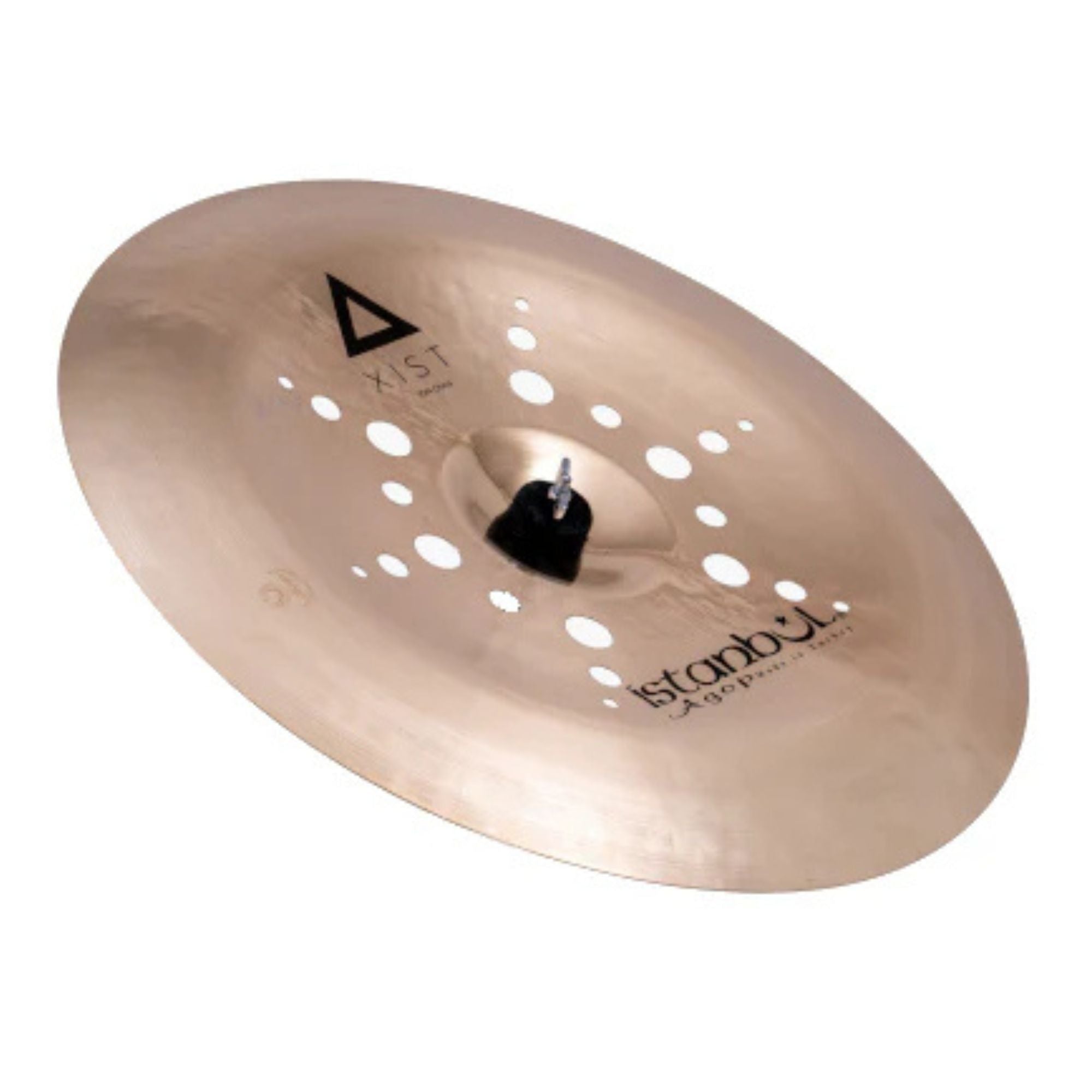 Istanbul Agop Xist Ion Mini China cymbal, single cymbal in gold finish with engraved branding and textured surface.