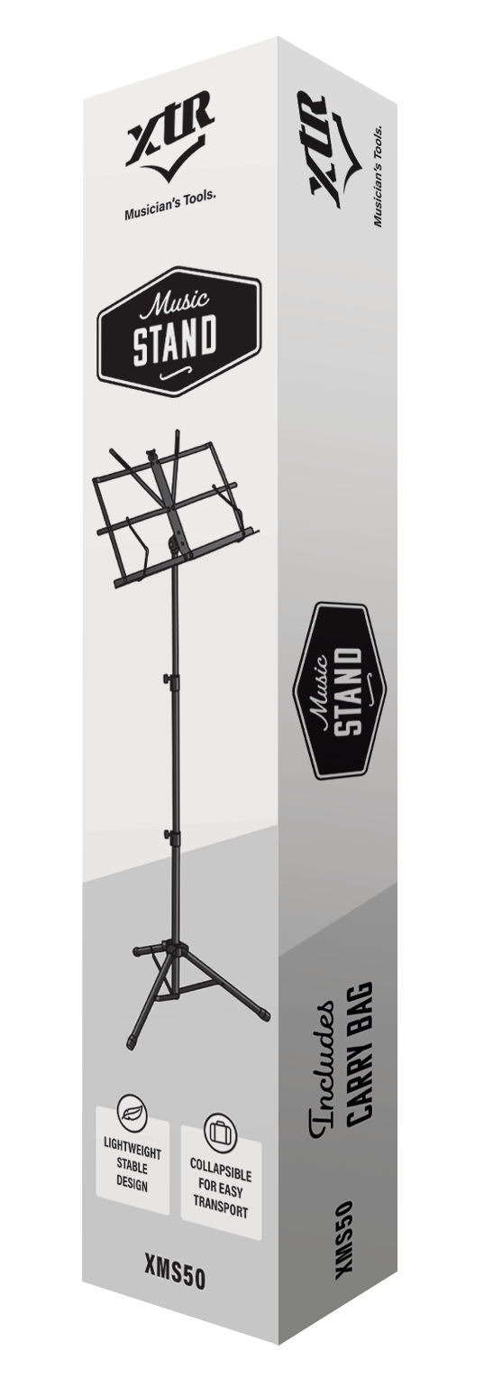 XTR Black Plated Music Stand for Guitar Accessories, sturdy and portable, with adjustable height and sheet music holder.
