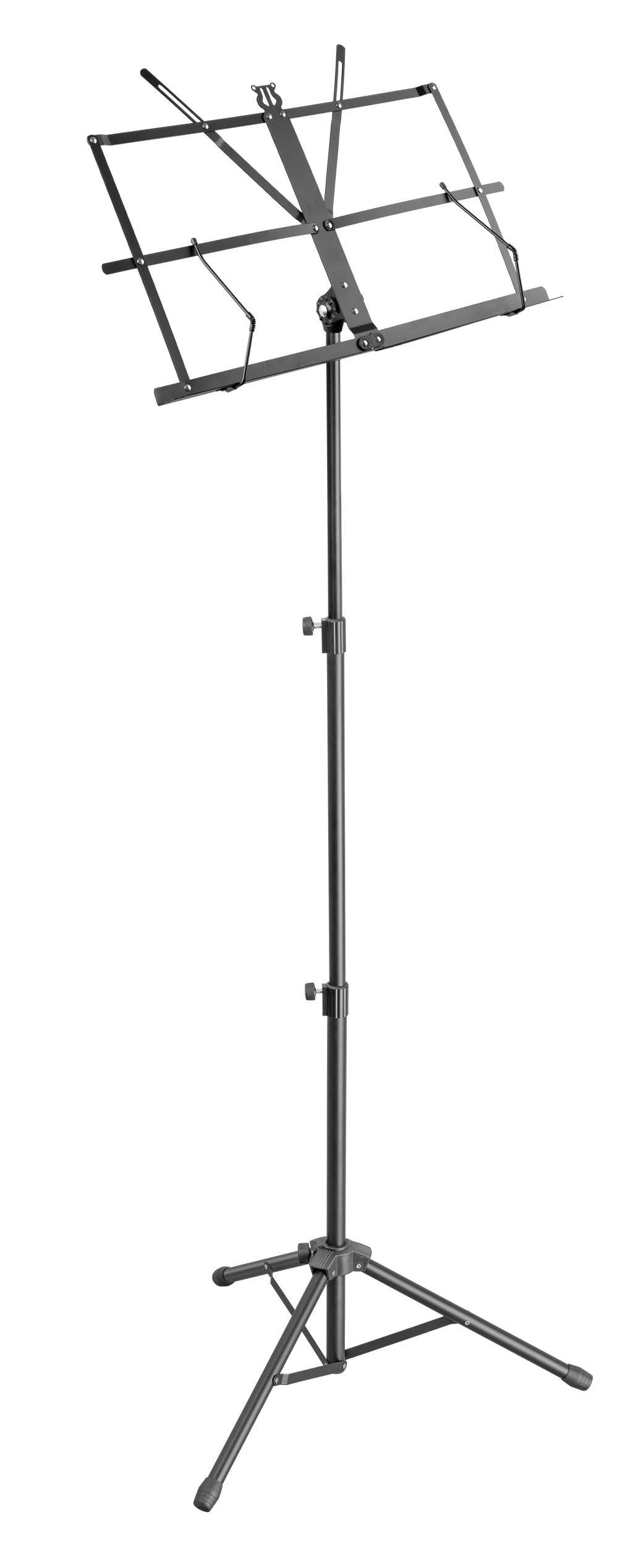 XTR black plated music stand for guitar accessories, adjustable with a sturdy tripod base and holding sheet music securely.