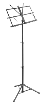 XTR black plated music stand for guitar accessories, adjustable with a sturdy tripod base and holding sheet music securely.