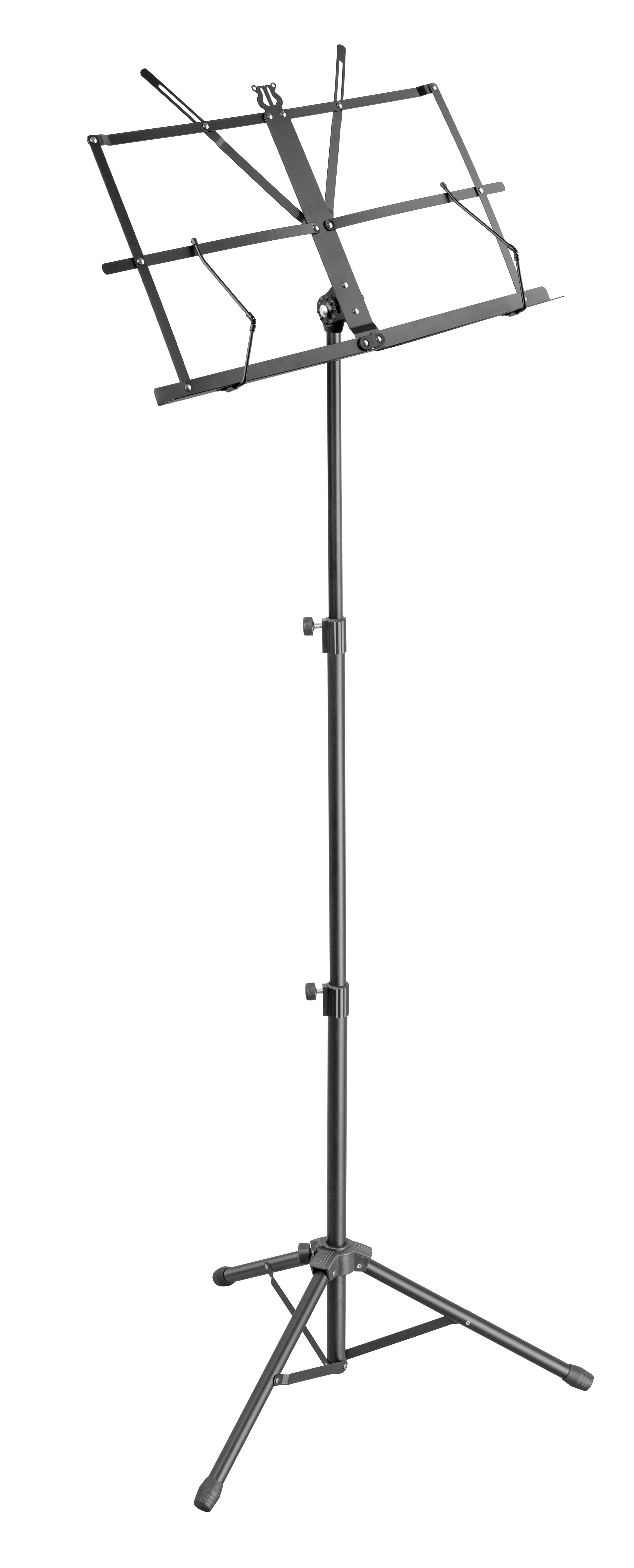 XTR black plated music stand for guitar accessories, adjustable with a sturdy tripod base and holding sheet music securely.