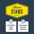 XTR black plated music stand for guitar accessories, adjustable with a sturdy metal construction and folding design.