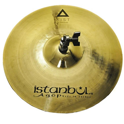 Istanbul Agop Xist Mixed Hi-Hats, single cymbals, showing shiny brass finish and detailed branding on the top cymbal.