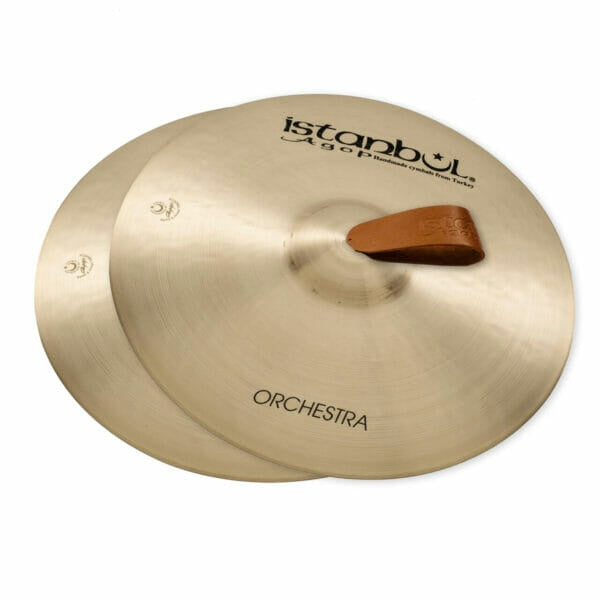 Istanbul Agop Xist Orchestral single cymbal with a shiny finish and engraved branding, displayed on a stand.