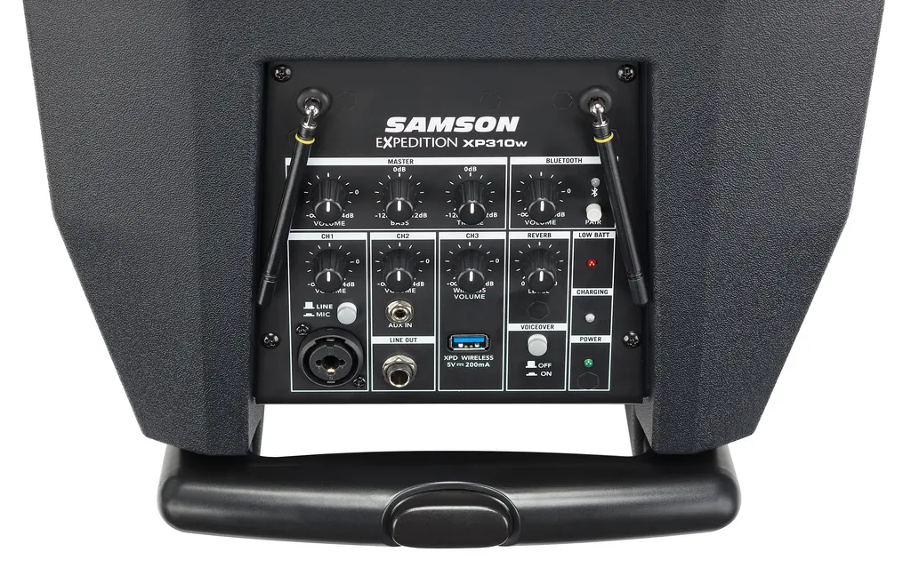Samson XP310W rechargeable portable powered speaker with built-in handle and control panel, designed for mobile sound amplification.