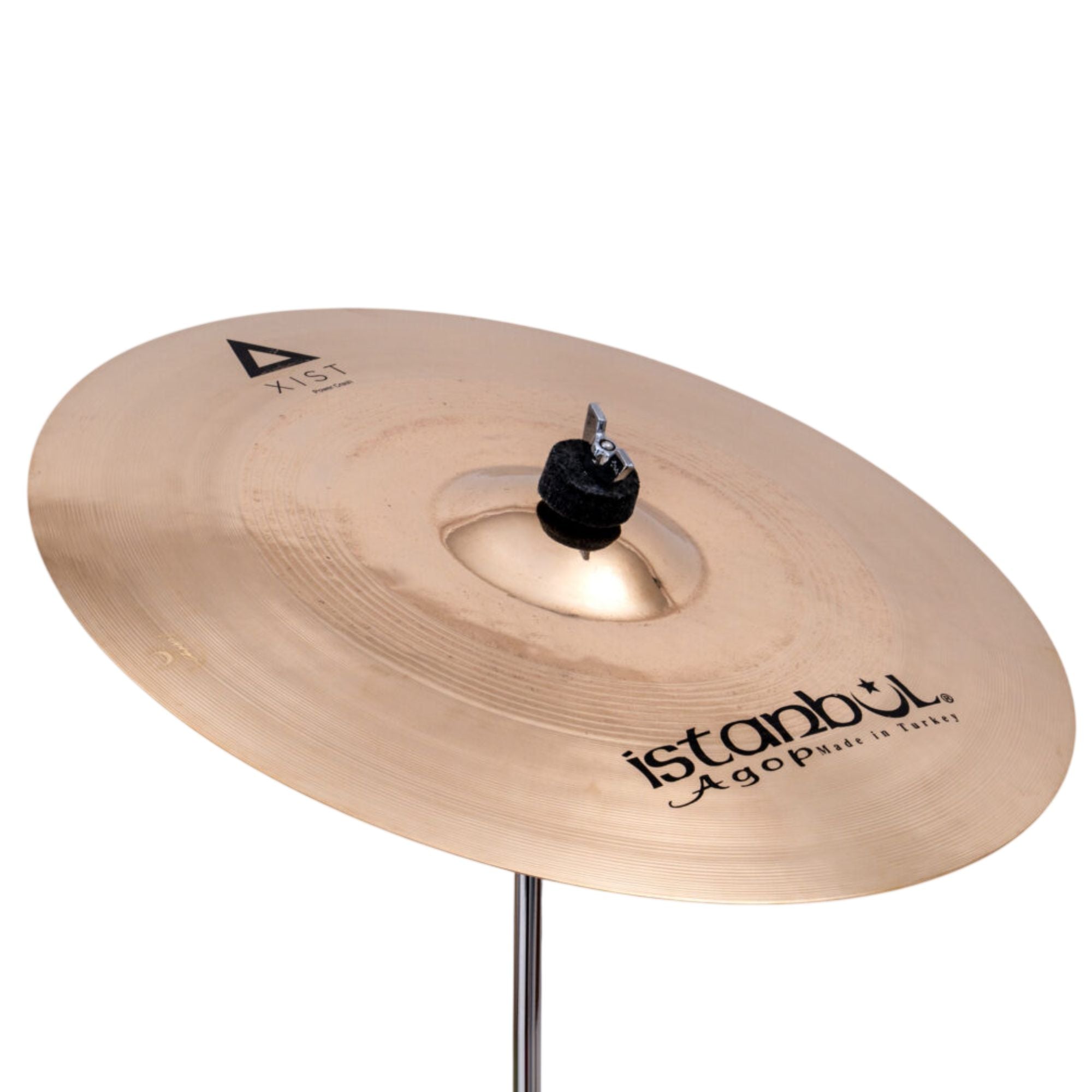Istanbul Agop Xist Power Crash single cymbal with a bright finish and labeled branding, suitable for powerful drumming.