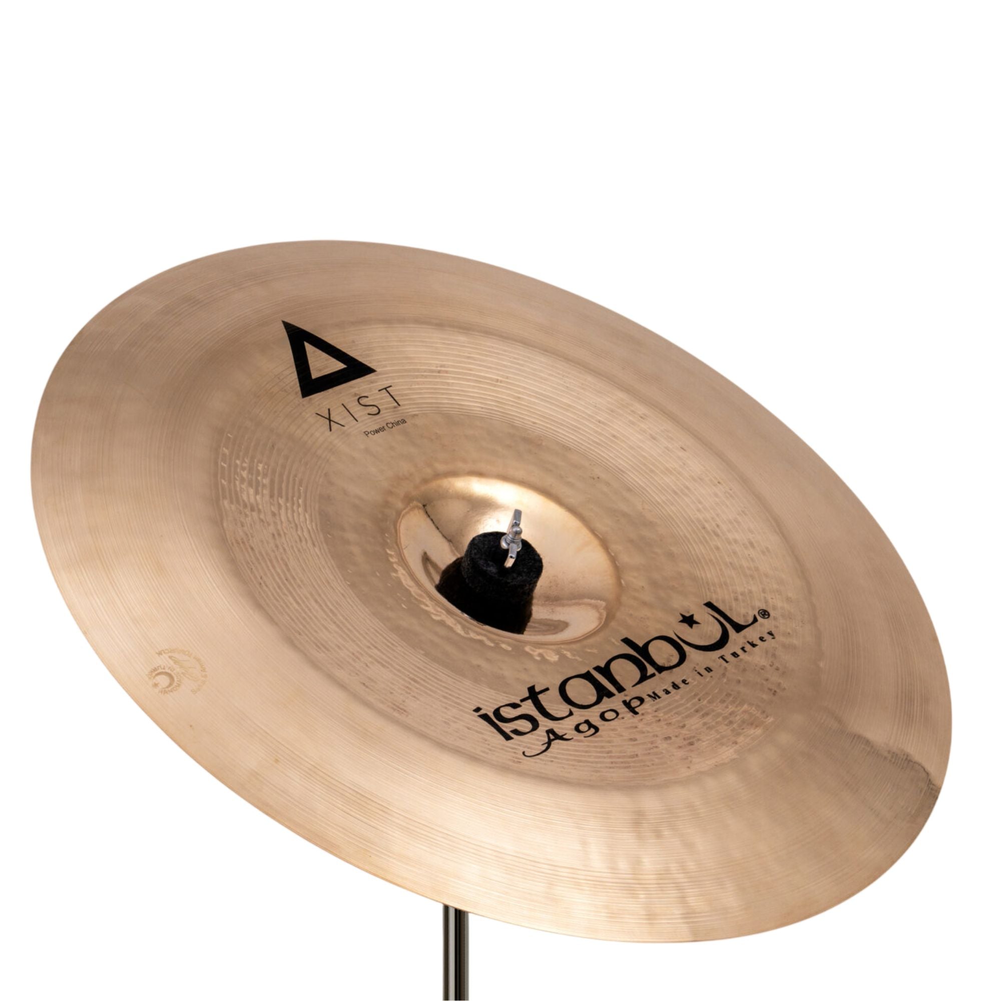 Istanbul Agop Xist Power China single cymbal, 16-inch size, showing its dark finish and ridged surface with logo branding.