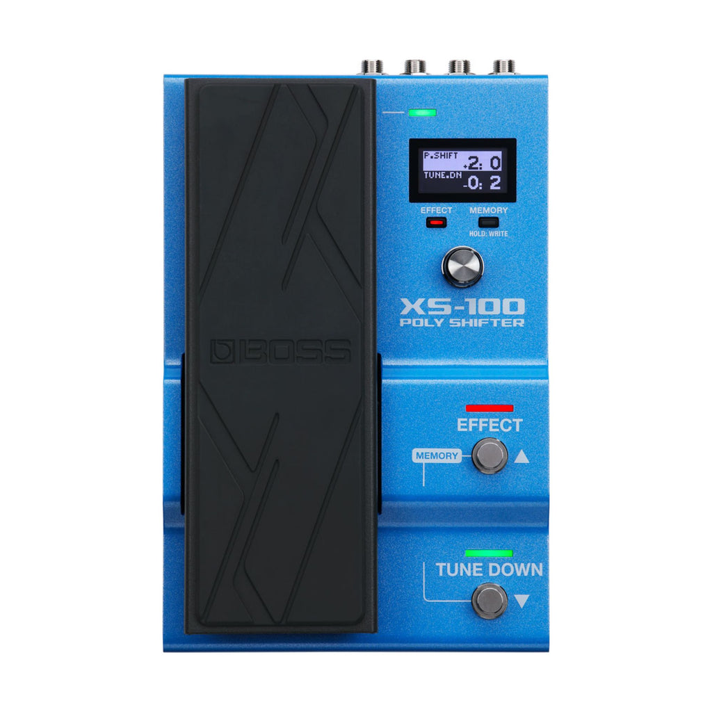 BOSS XS100 Poly Shifter effect pedal for guitar, featuring multiple effect settings and footswitch controls.