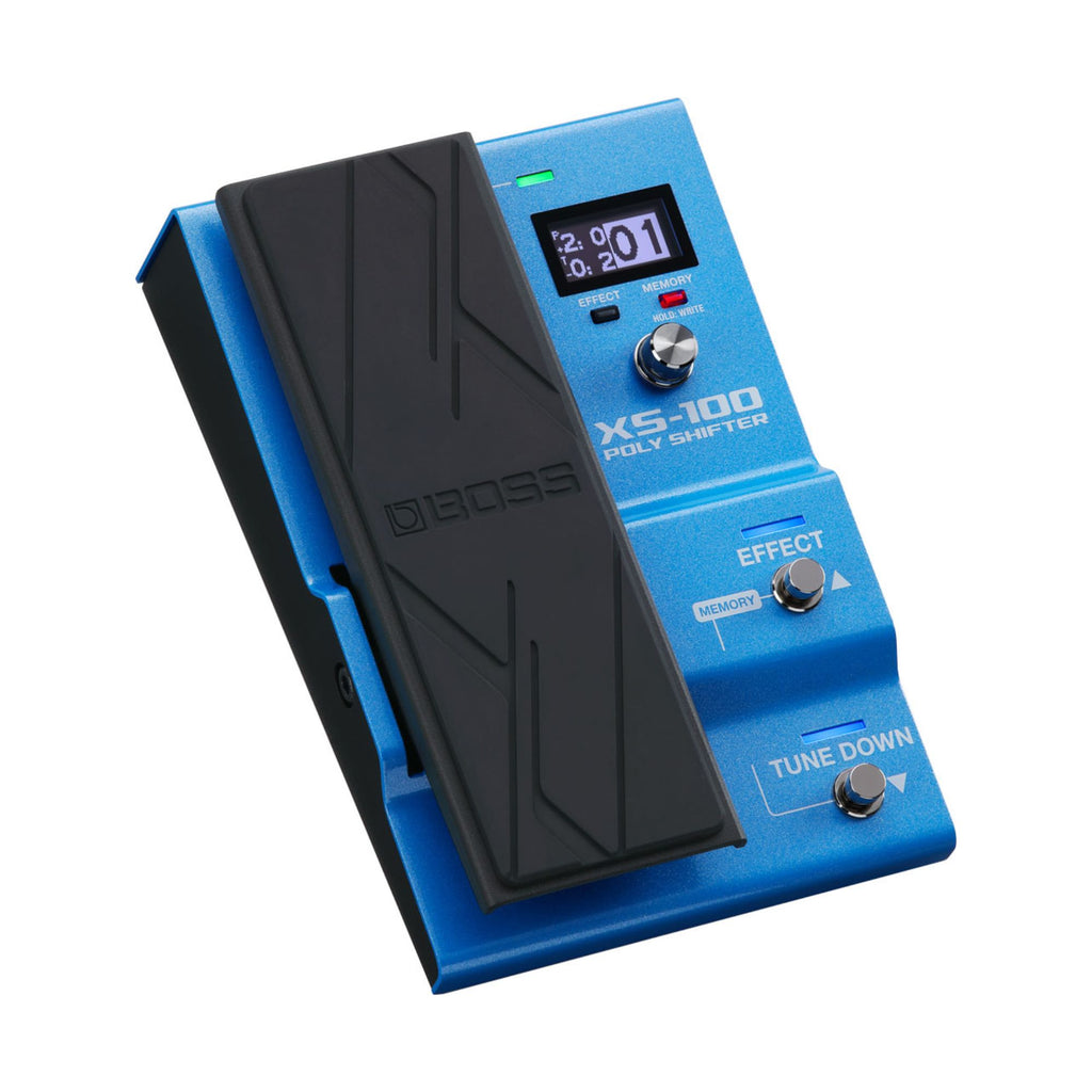 BOSS XS100 Poly Shifter Effect Pedal for guitar, compact effects pedal with multiple shifting effects and control knobs.