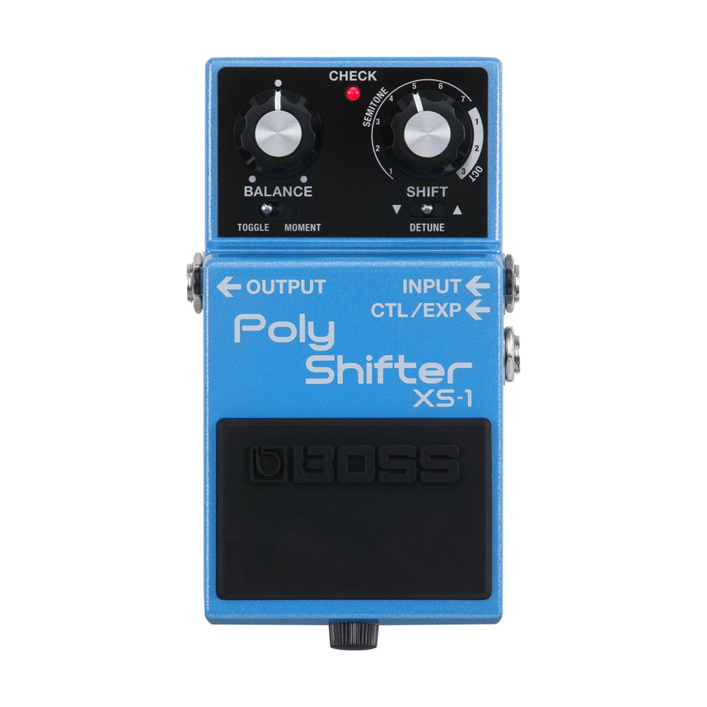 BOSS XS1 Poly Shifter compact effects pedal with control knobs, mounted on a pedalboard for guitar sound modulation.