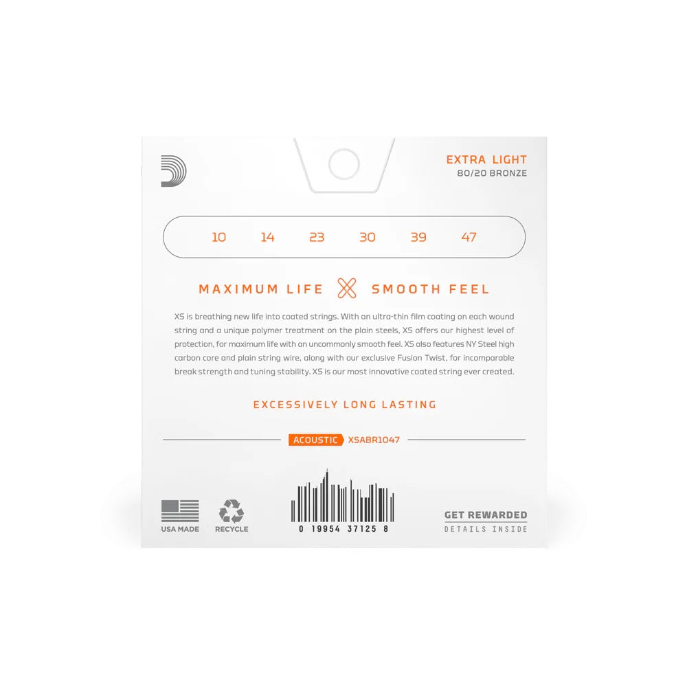 D'Addario XSABR1047 10-47 extra light 80/20 acoustic guitar strings on a guitar string package.