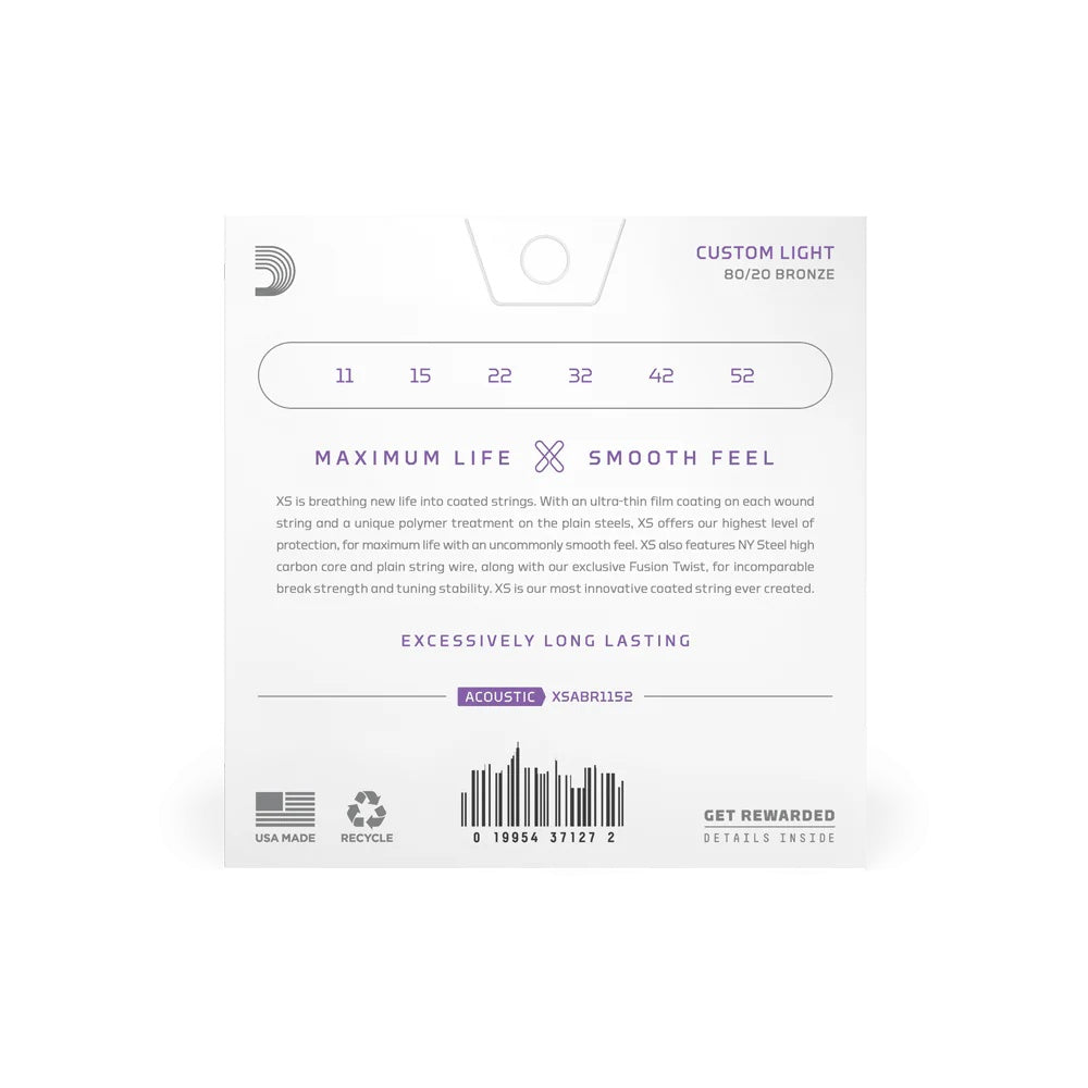 D'Addario XSABR1152 Custom Light 11-52 acoustic guitar strings on a guitar, featuring silver-plated steel windings for bright tone.