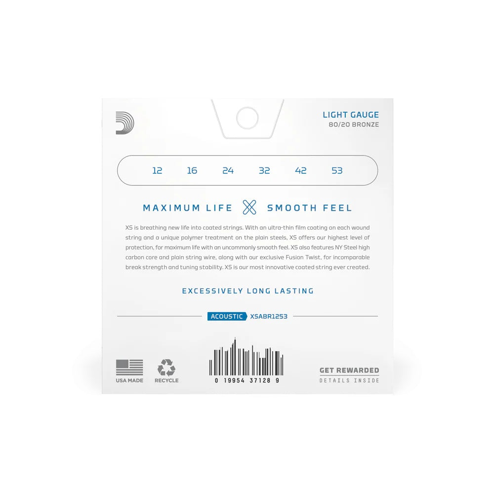 D'Addario XSABR1253 light 12-53 acoustic guitar strings set with 80/20 bronze, shown on a guitar.