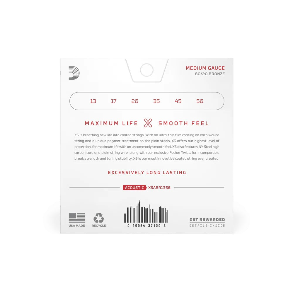 D'Addario XSABR1356 acoustic guitar strings with 13-56 light gauge and 80/20 bronze material, shown on the packaging.