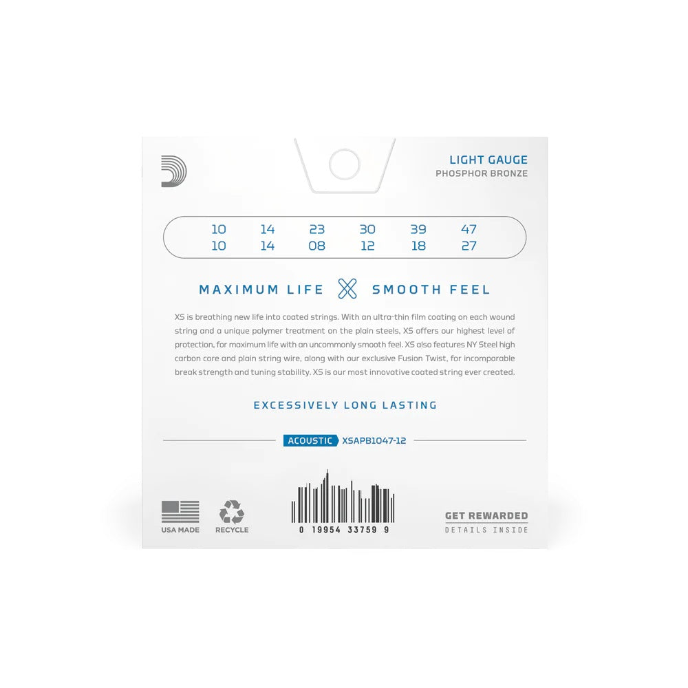 D'Addario XSAPB1047-12 light phosphor bronze acoustic guitar strings, 12-string set, shown in image.
