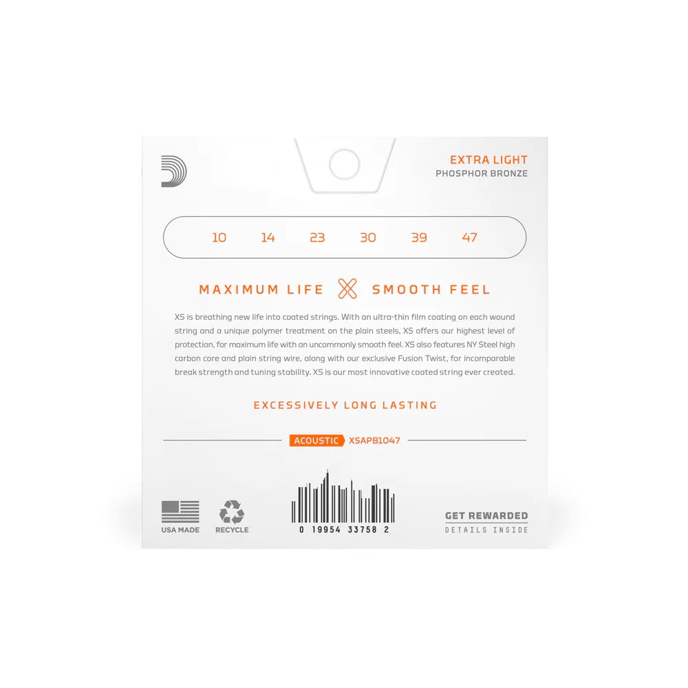 D'Addario XSAPB1047 acoustic guitar strings, 10-47 extra light phosphor bronze, shown on the packaging.