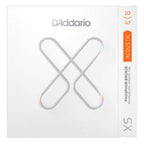 D'Addario XS acoustic guitar strings set, phosphor bronze, extra light gauge 10-47, close-up of strings on guitar