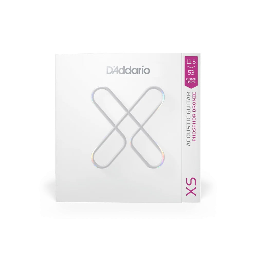 D'Addario XS Phosphor Bronze Acoustic Strings 11.5-53, set of six strings with silver winding for bright tone and durability.