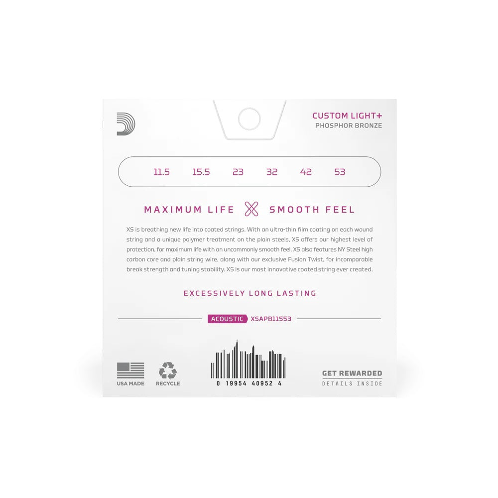 D'Addario XS Phosphor Bronze Acoustic Strings 11.5-53, set of six guitar strings with clear packaging and visible branding.