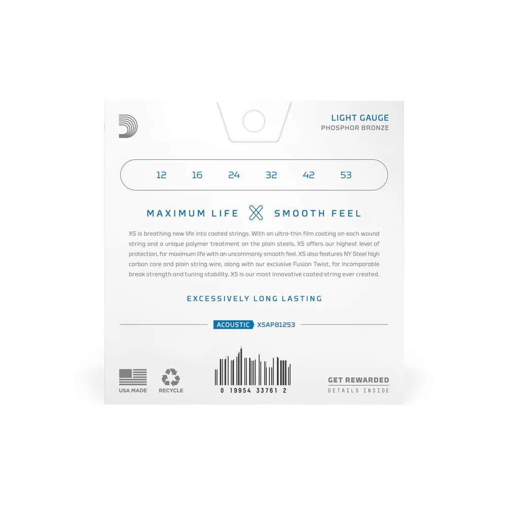 D'Addario XS acoustic guitar strings set with phosphor bronze, light gauge, 12-53, shown on a guitar.