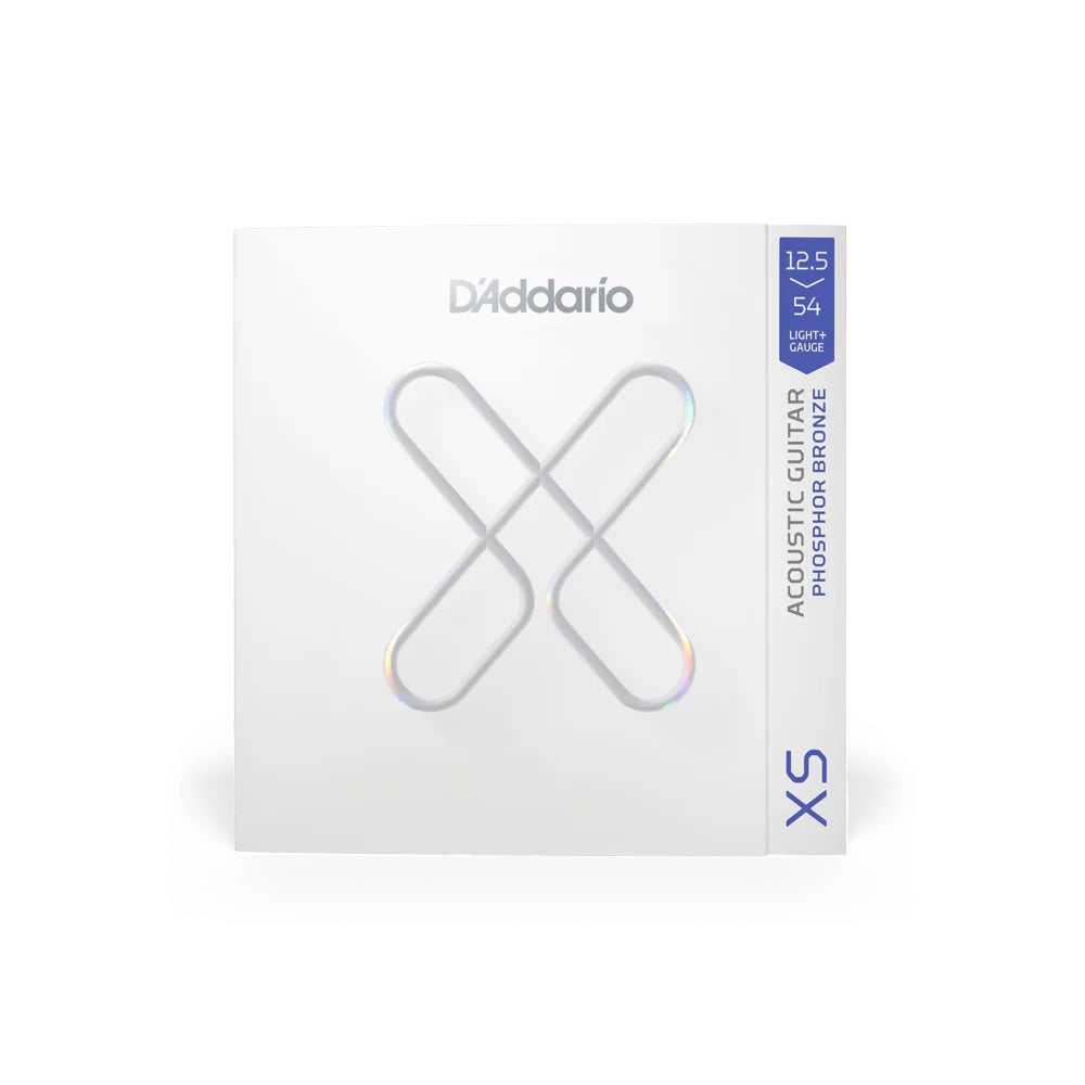 D'Addario XS Phosphor Bronze Acoustic Strings 12.5-54, featuring a close-up of the strings on an acoustic guitar.