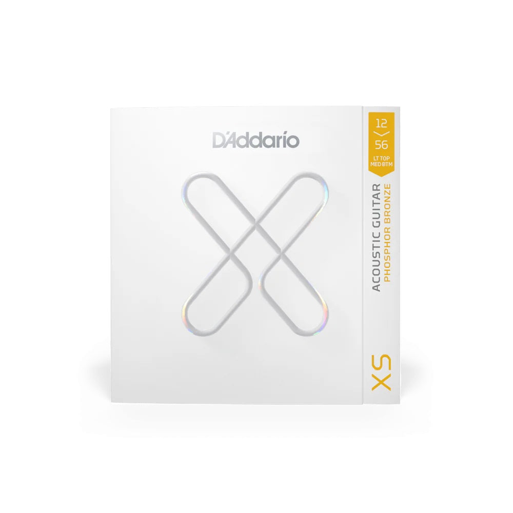 D'Addario XSAPB1256 XS Phosphor Bronze Acoustic Strings set with 12-56 gauge, shown on a guitar.