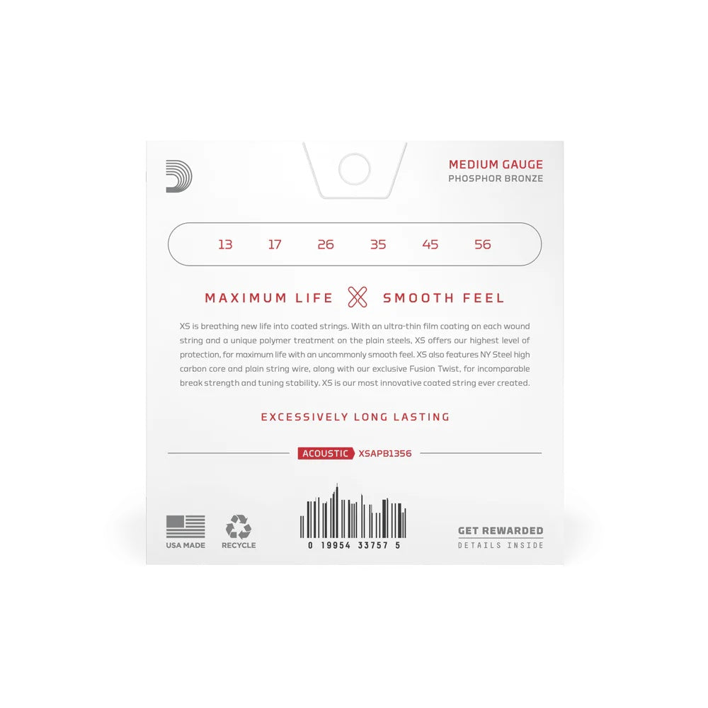 D'Addario XSAPB1356 medium phos bronze acoustic guitar strings on a guitar, showcasing the packaging and string details.