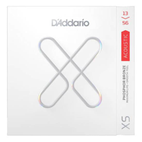 D'Addario XS set of acoustic guitar strings in phosphor bronze, medium gauge 13-56, featuring six wound strings and a clear packaging.