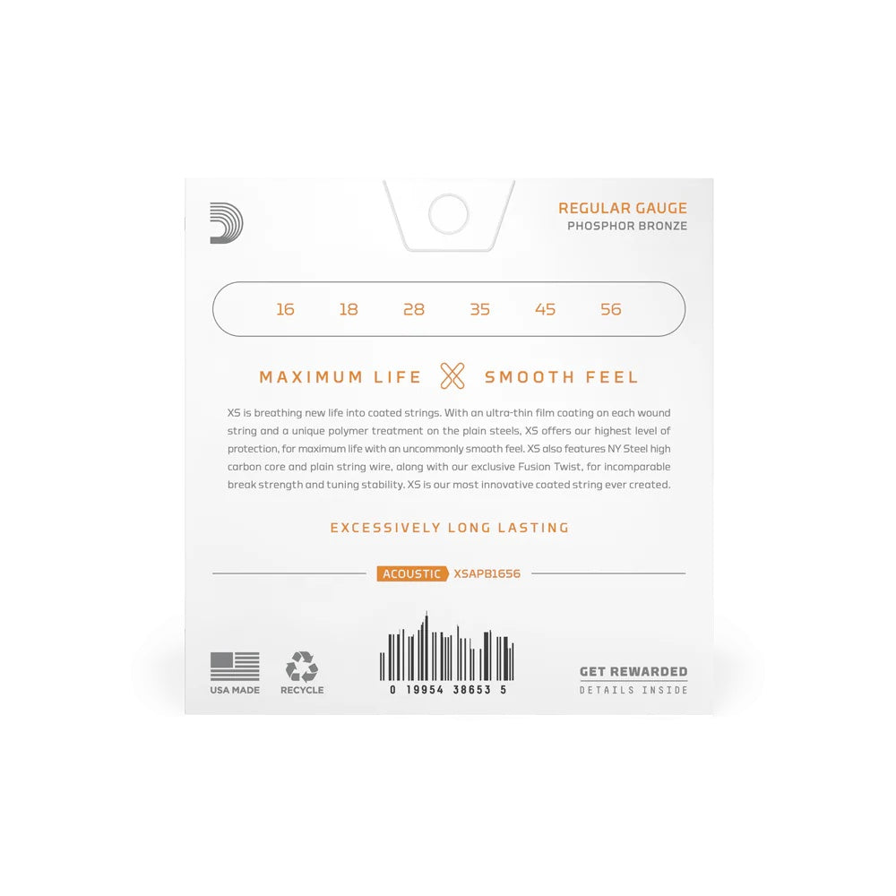 D'Addario XS Phosphor Bronze Resophonic Strings set 16-56 for acoustic guitars, featuring high-quality D'Addario branding and packaging.