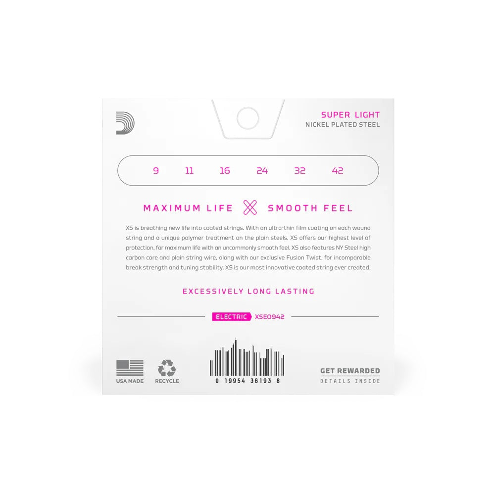 D'Addario XS Nickel Plated Steel Electric Guitar Strings Super Light 9-42, showing the set and packaging.