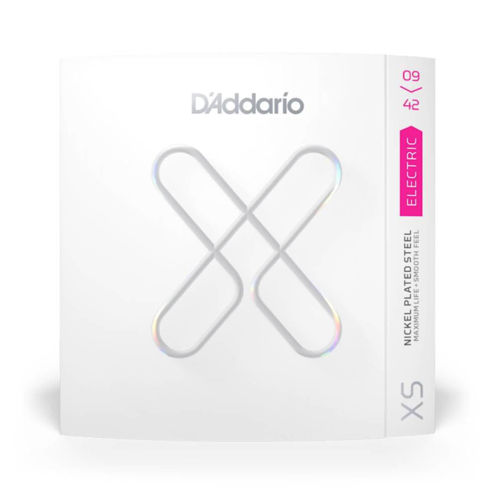 D'Addario XS Nickel Plated Steel Electric Guitar Strings Super Light, 9-42, with packaging and string coils visible