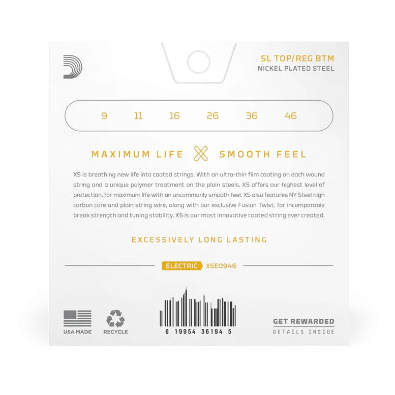 D'Addario XS Nickel Plated Steel Electric Guitar Strings Super Light Regular Bottom, 9-46, showing the set of guitar strings.