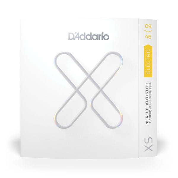 D'Addario XS Nickel Plated Steel electric guitar strings, super light gauge 9-46, arranged on the guitar.