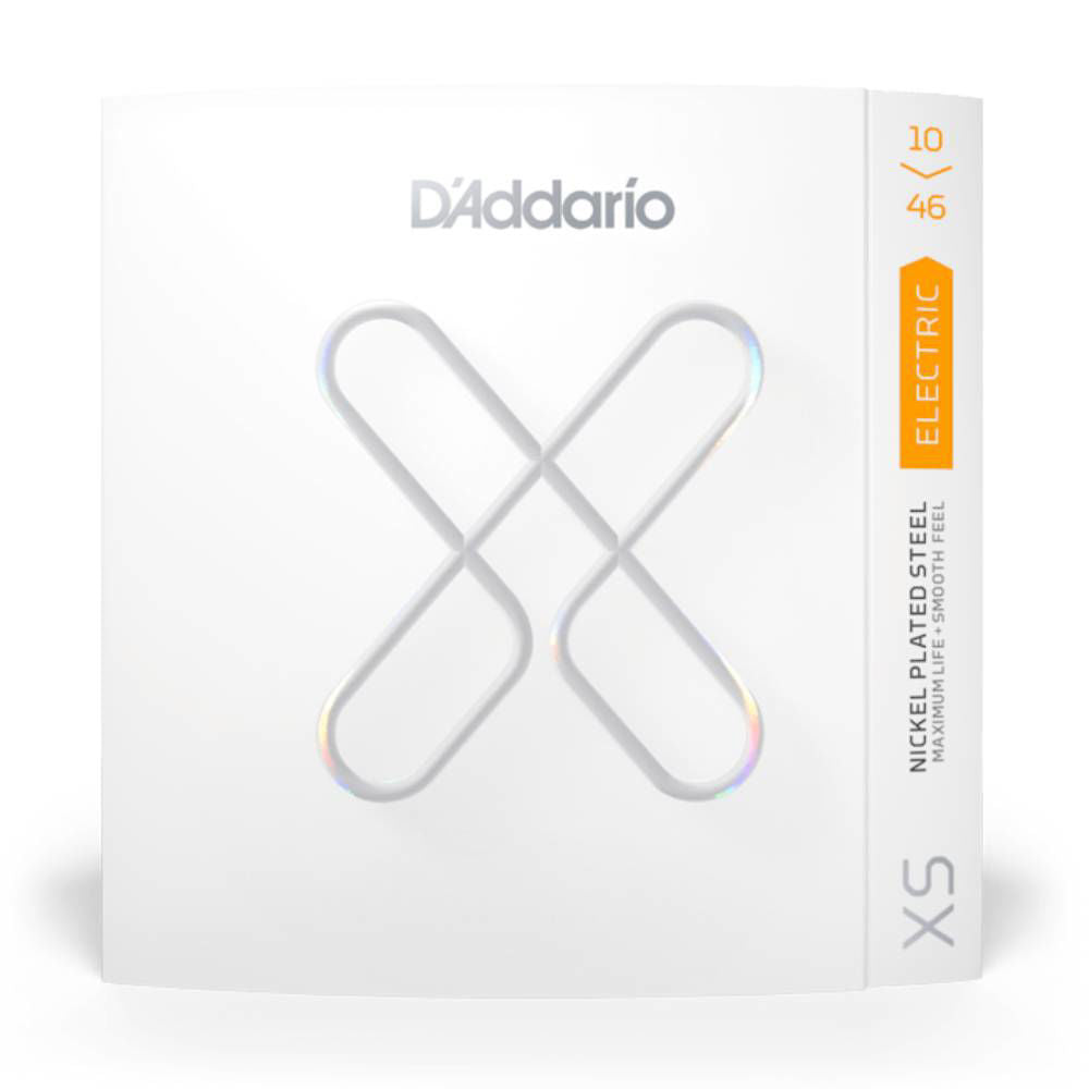 D'Addario XS Nickel Plated Steel Electric Guitar Strings Regular Light set (10-46) on a guitar, showcasing the packaging and strings.