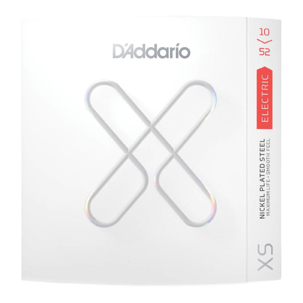 D'Addario XS Nickel Plated Steel Electric Guitar Strings Light Top Heavy Bottom 10-52, set of six strings with packaging.