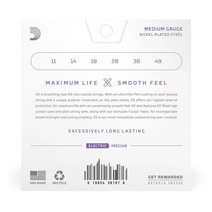 D'Addario XS Nickel Plated Steel Electric Guitar Strings Medium, 11-49, with packaging and string details visible.