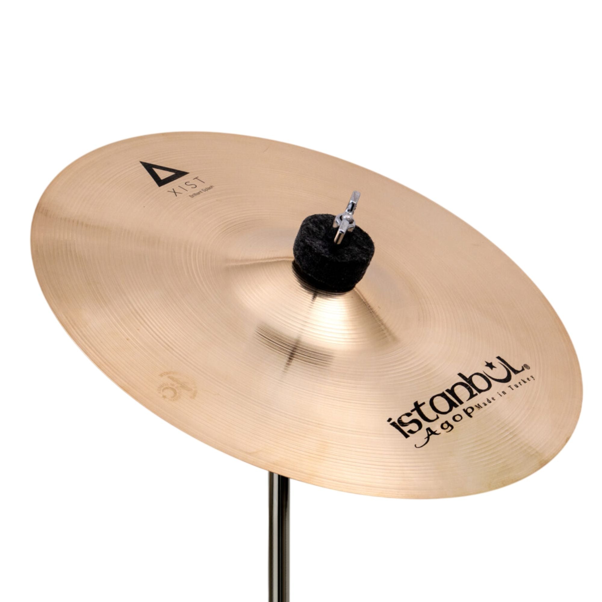 Istanbul Agop Xist Brilliant Splash cymbal, single cymbal showing a shiny, reflective surface with a slightly curved edge.