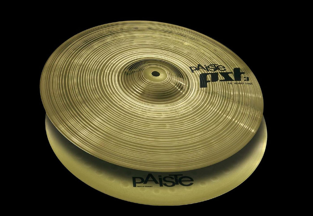 Paiste 14-inch PST 3 Hi Hats cymbals, single hi-hat cymbals with a shiny finish, designed for drummers and percussionists.