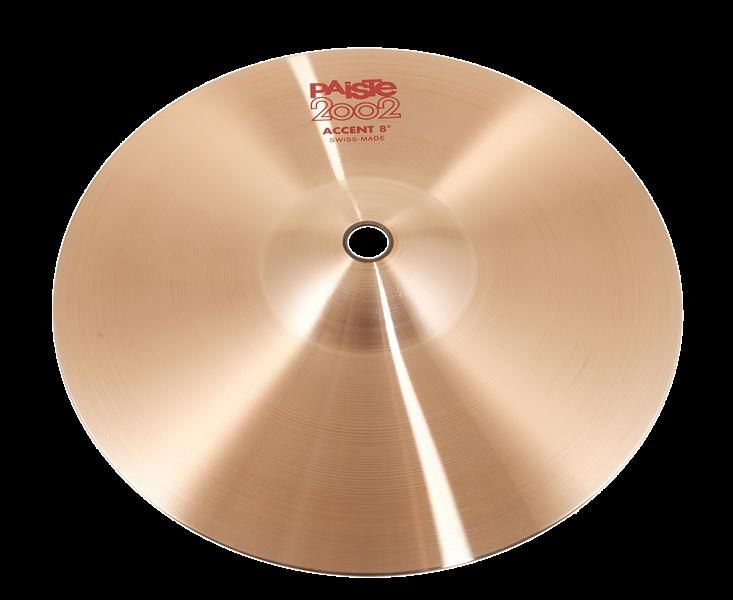 Paiste 08 inch 2002 Accent single cymbal, close-up view showing shiny brass surface and detailed branding.