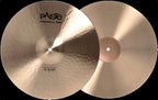 Paiste 15-inch Formula 602 Modern Essentials hi-hat cymbals, single cymbals set, showing their polished, reflective surface and brand logo.