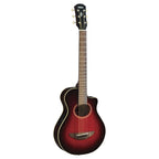 Yamaha APXT2DRB 3/4 acoustic guitar in dark red burst finish with black gig bag, showing the compact size and detailed wood grain.