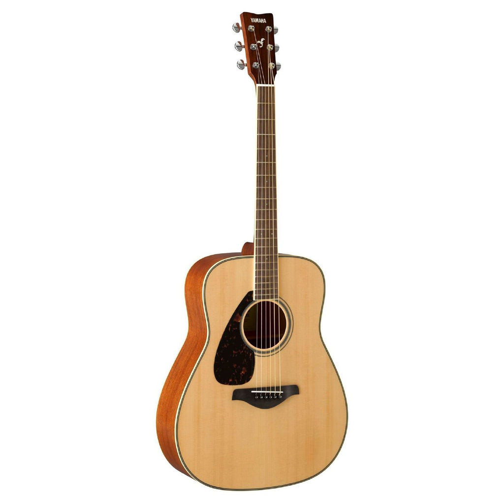 Left-handed Yamaha FG820NT-L acoustic guitar with natural finish, showcasing its body, fretboard, and headstock.