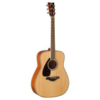 Left-handed Yamaha FG820NT-L acoustic guitar with natural finish, showcasing its body, fretboard, and headstock.