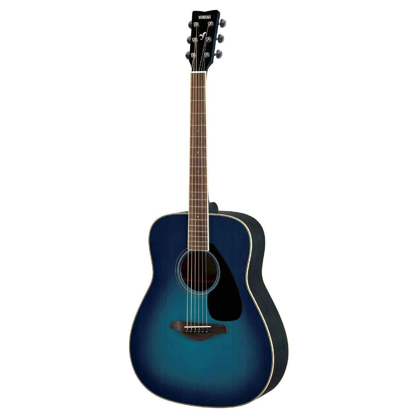 Yamaha FG820 dreadnought acoustic guitar in Sunset Blue, showing the full body and neck with a glossy finish.