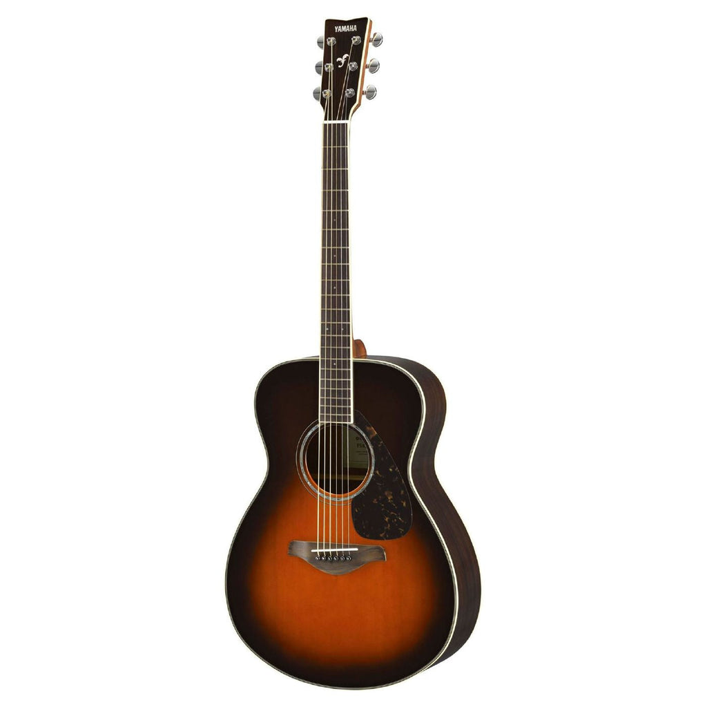 Yamaha FS830TBS acoustic guitar with tobacco brown finish, showing the body, fretboard, and strings in a close-up view.