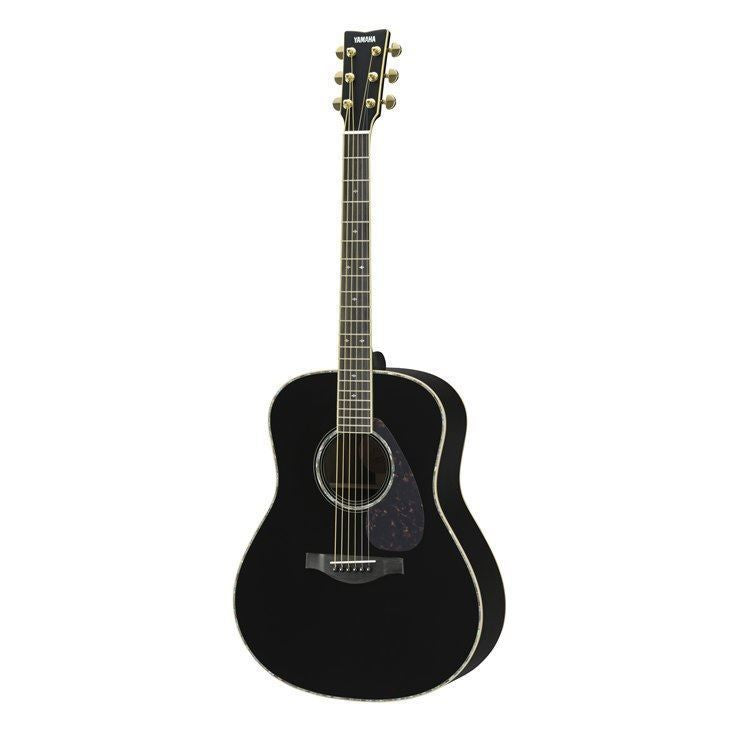 Yamaha LL16D-BL acoustic guitar in black with a cutaway body, visible wood grain, and intricate inlay details.